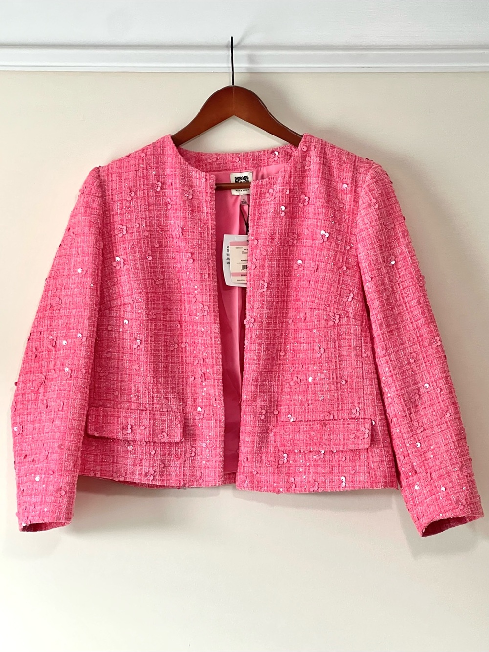 Anne Klein Pink Dahlia Sequin Tweed Collarless Jacket - Picture 3 of 9